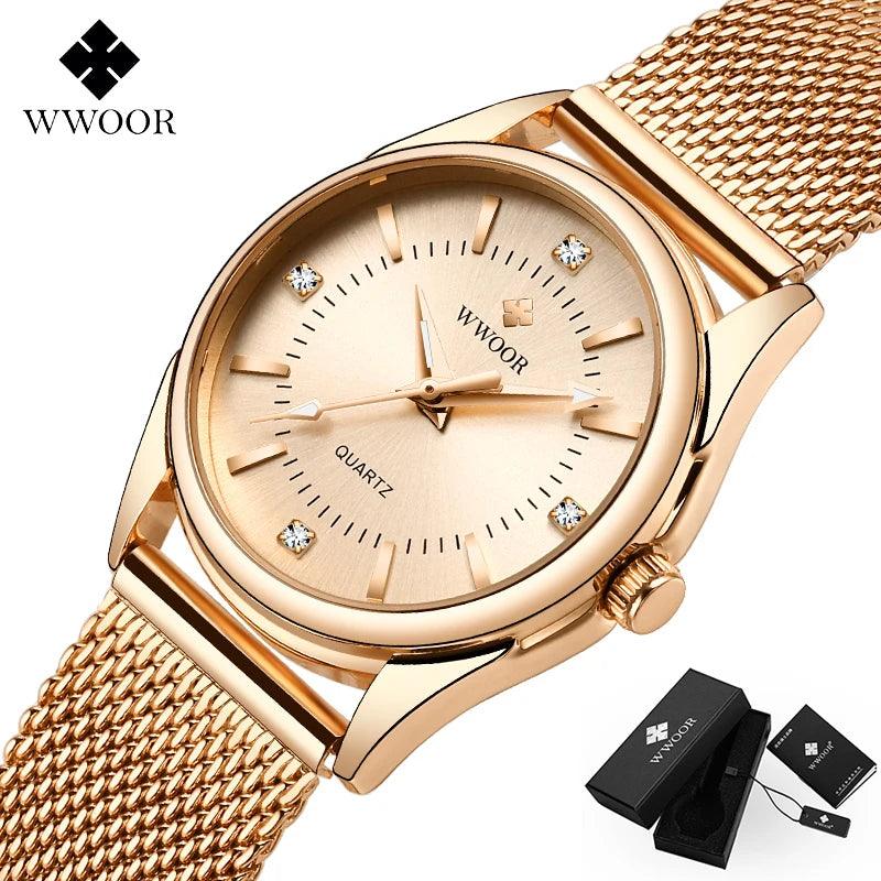 Wwoor luxo relógio de ouro elegantes diamantes peq