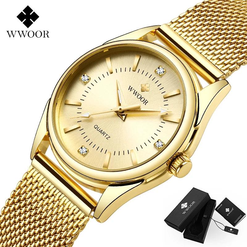 Wwoor luxo relógio de ouro elegantes diamantes peq