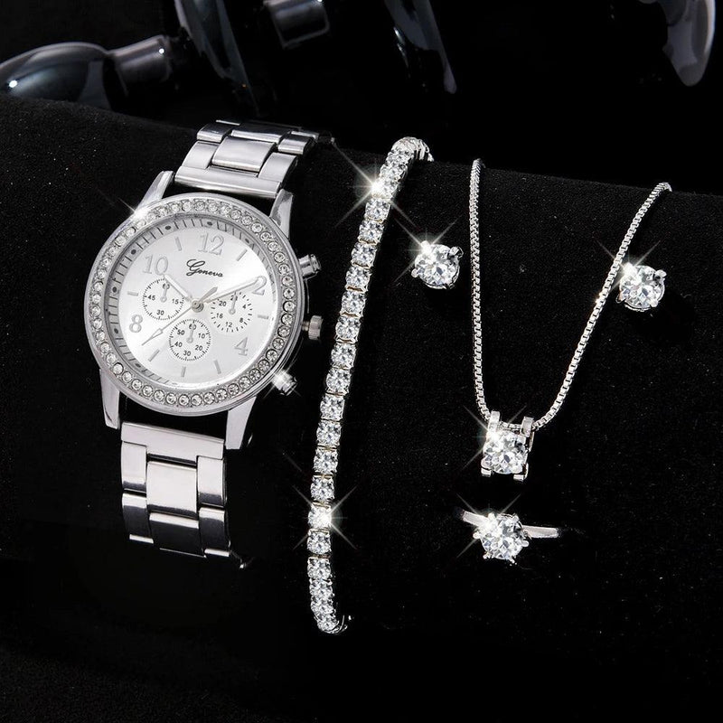 6 pçs conjunto de relógio de luxo mulheres anel colar brincos strass moda rel?